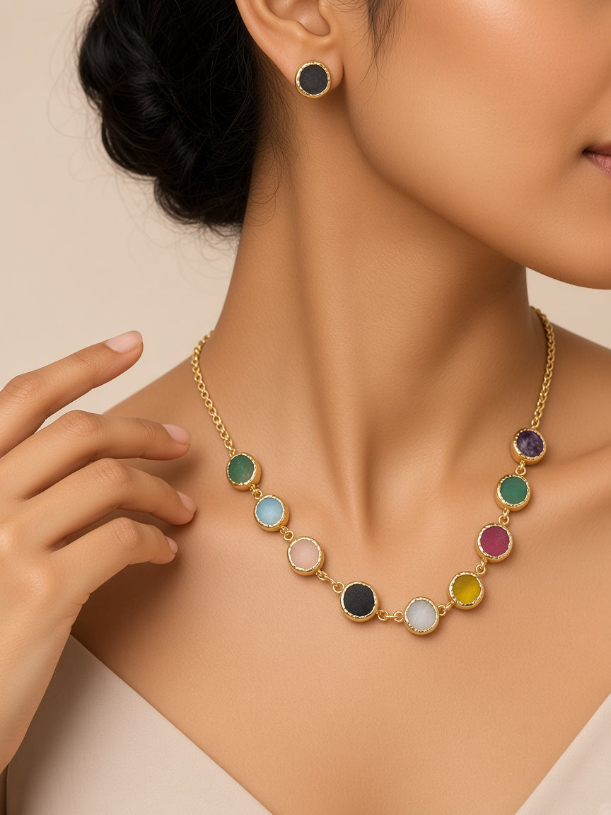 Navratna Multicolour Round-Stone Necklace Set - worn close-up (faceless model)
