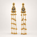 Neelam slate-blue enamel Kashmiri earrings with ghungroo chains, studio shot on cream background