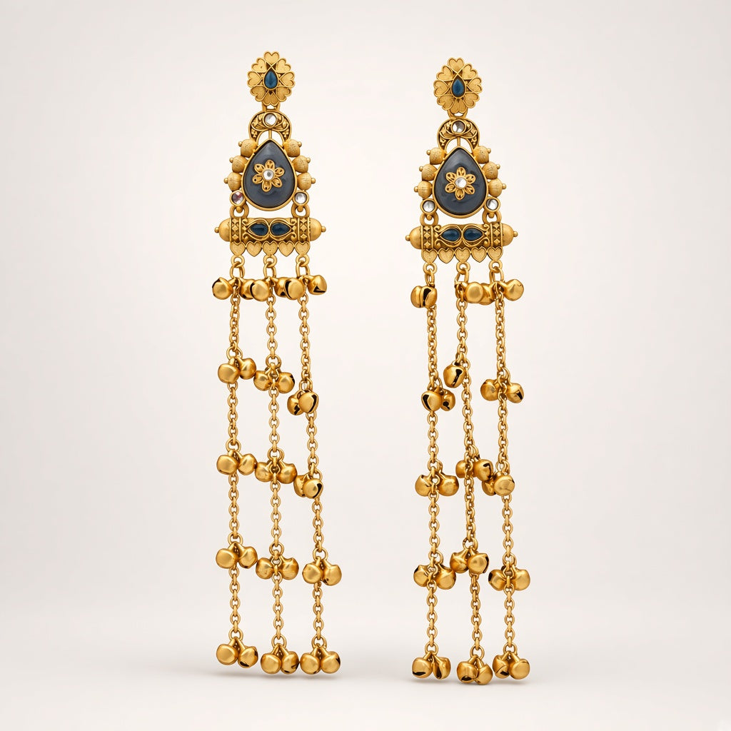 Neelam slate-blue enamel Kashmiri earrings with ghungroo chains, studio shot on cream background