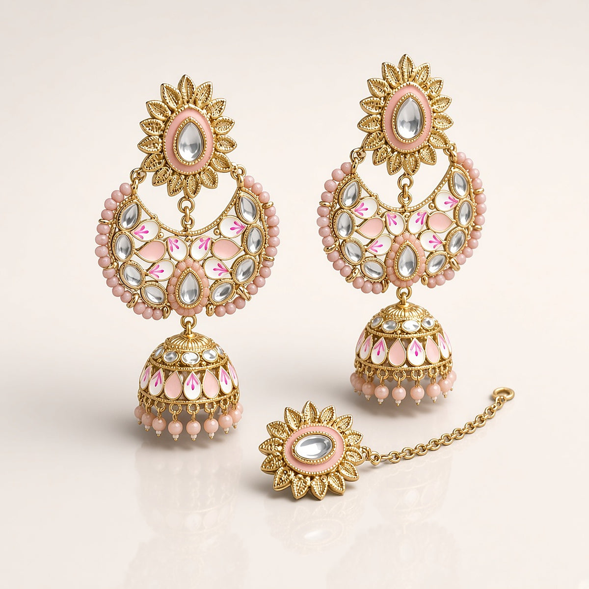 Noor Blush Kundan Chandbali Earrings with Maang Tikka - 3D view