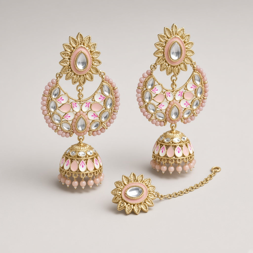 Noor Blush Kundan Chandbali Earrings with Maang Tikka - second angle