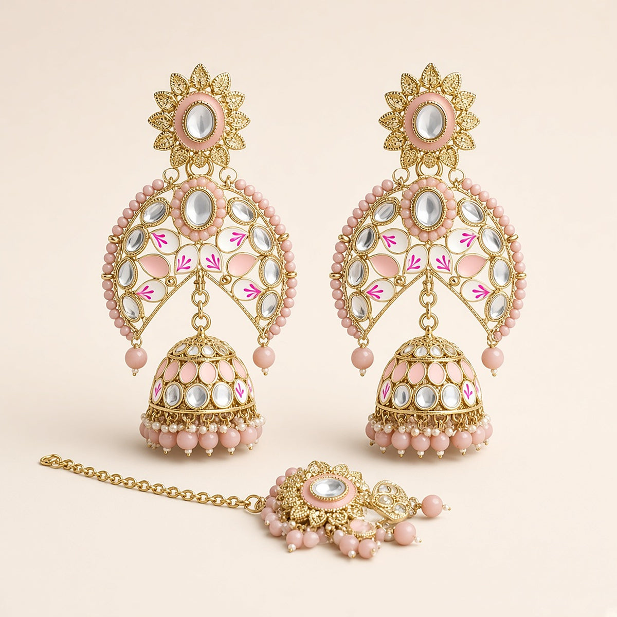 Noor Blush Kundan Chandbali Earrings with Maang Tikka – studio view