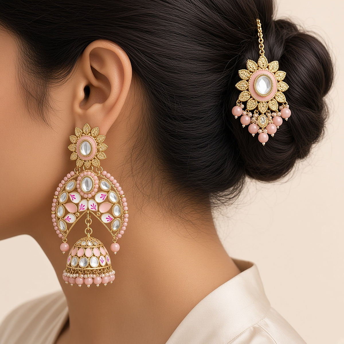Noor Blush Kundan Chandbali Earrings with Maang Tikka – worn close-up