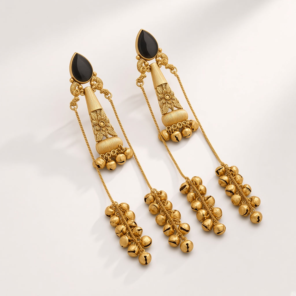 Nupur Onyx Black ghungroo chain earrings, 3D three-quarter view