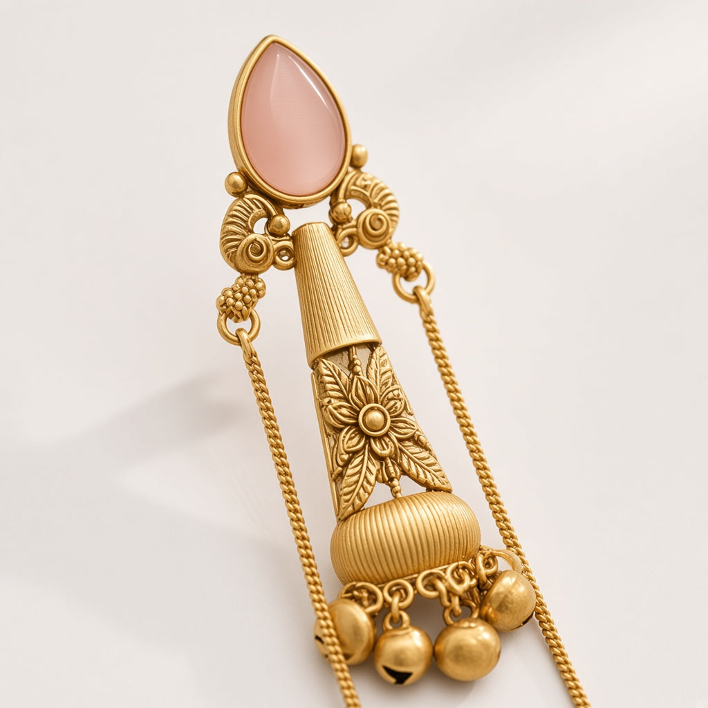 Nupur earring, close-up of the blush-pink stone and engraved gold cone with bells