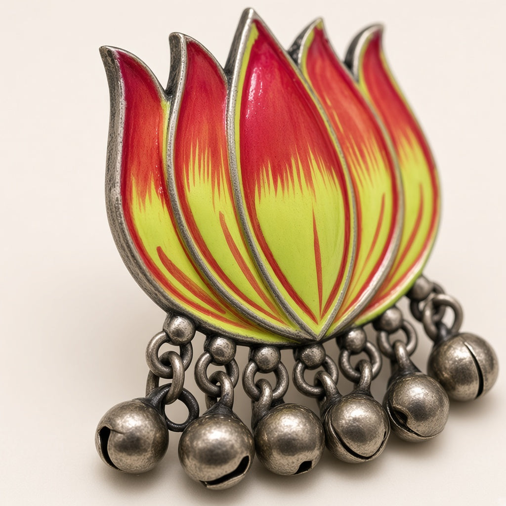 Padma earrings close-up of lotus enamel work and ghungroo bells