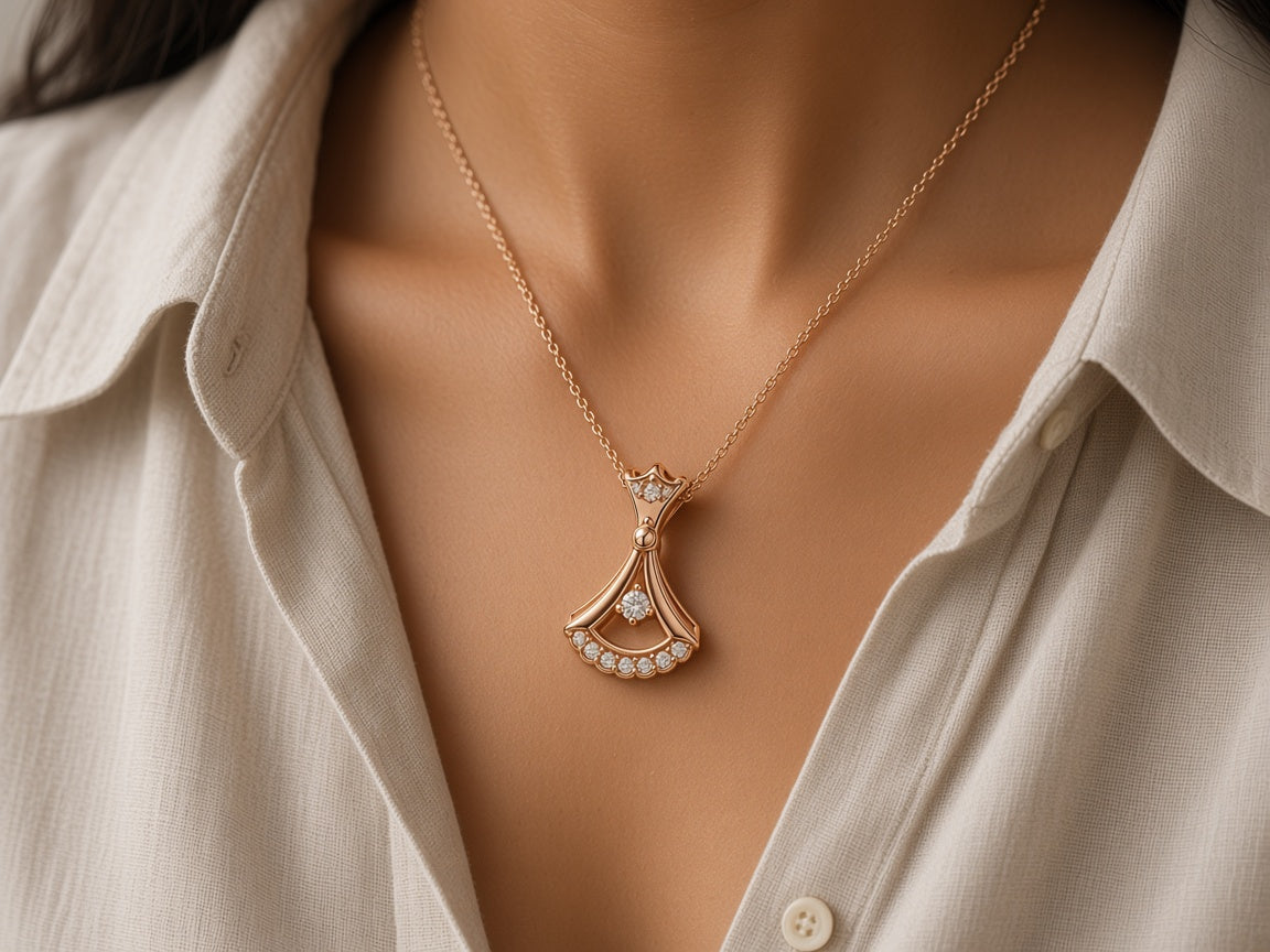 Pankha fan pendant necklace worn at the collarbone
