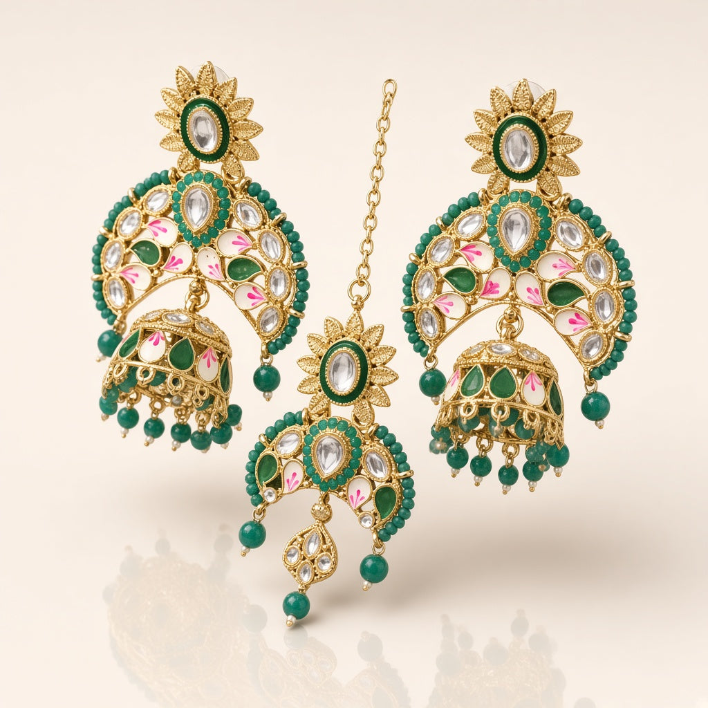 Panna Green Kundan Chandbali Earrings with Maang Tikka - 3D view