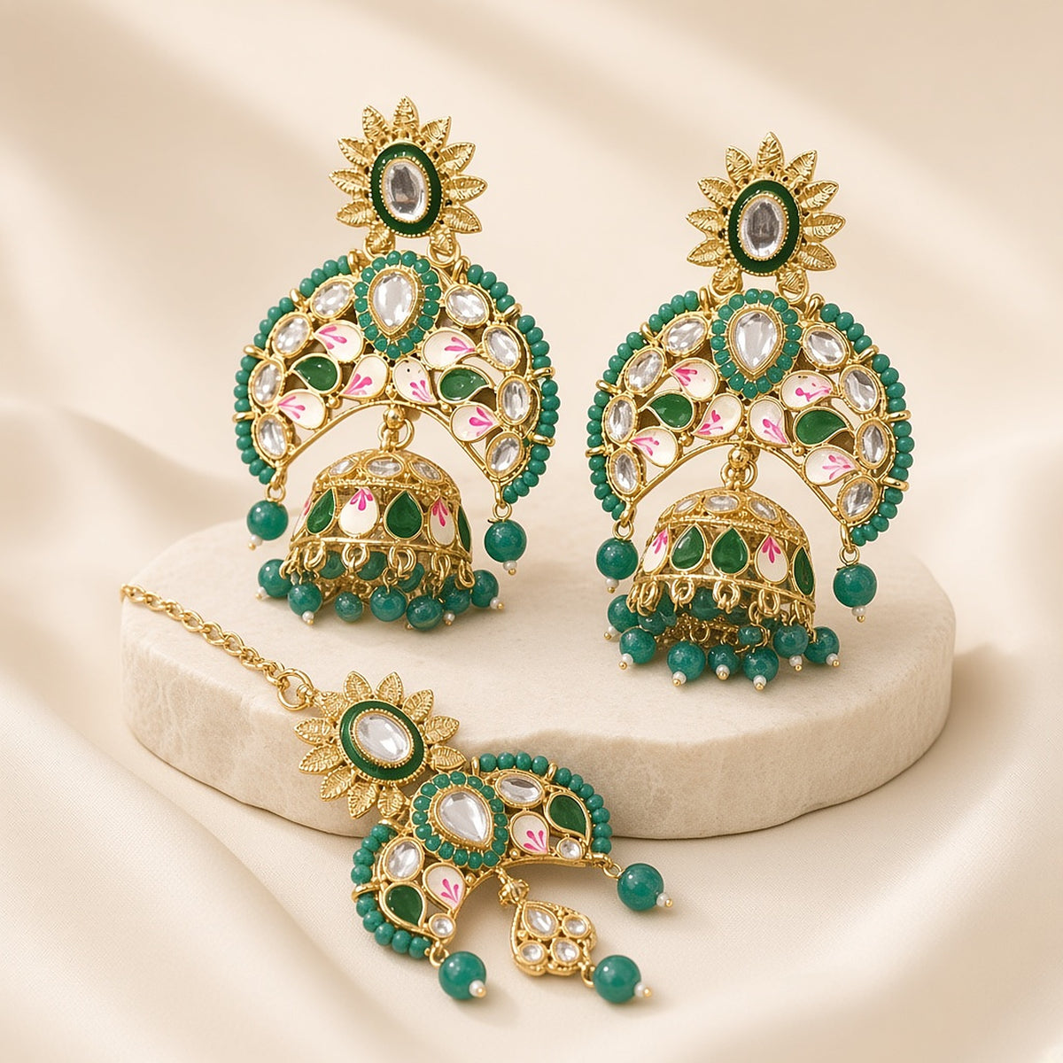 Panna Green Kundan Chandbali Earrings with Maang Tikka – second angle