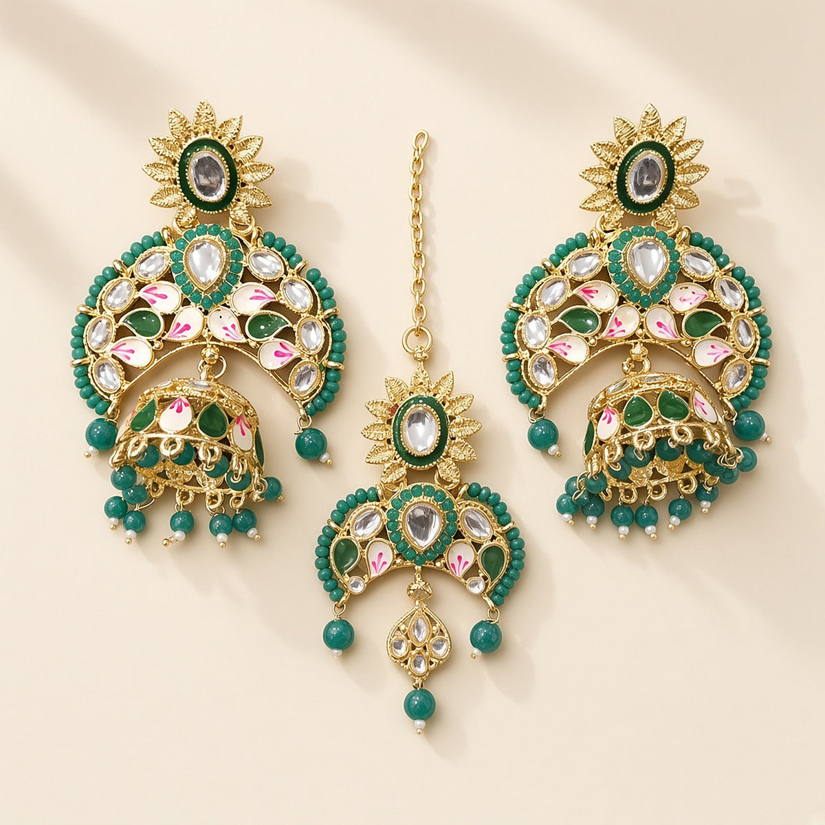Panna Green Kundan Chandbali Earrings with Maang Tikka – studio view