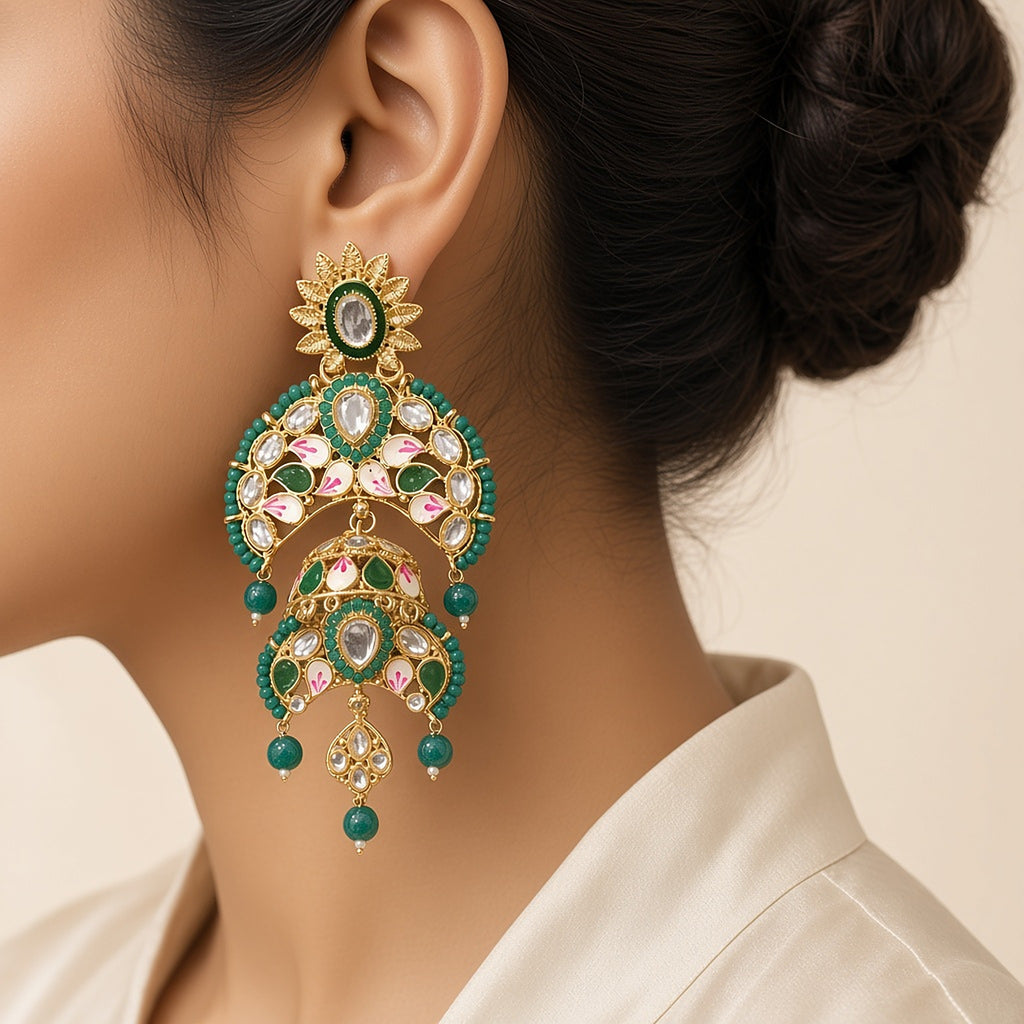 Panna Green Kundan Chandbali Earrings with Maang Tikka - worn close-up (faceless model)