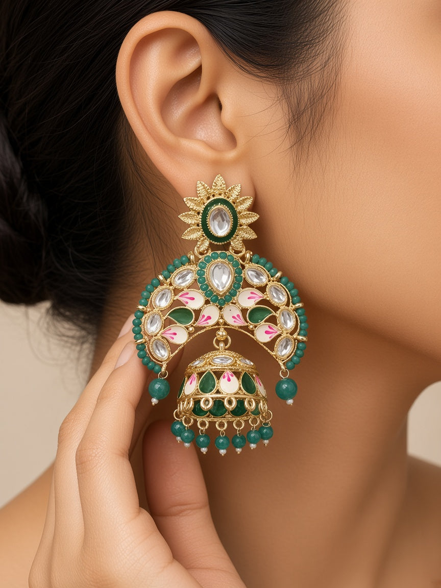 Panna Green Kundan Chandbali Earrings with Maang Tikka - worn close-up (faceless model)