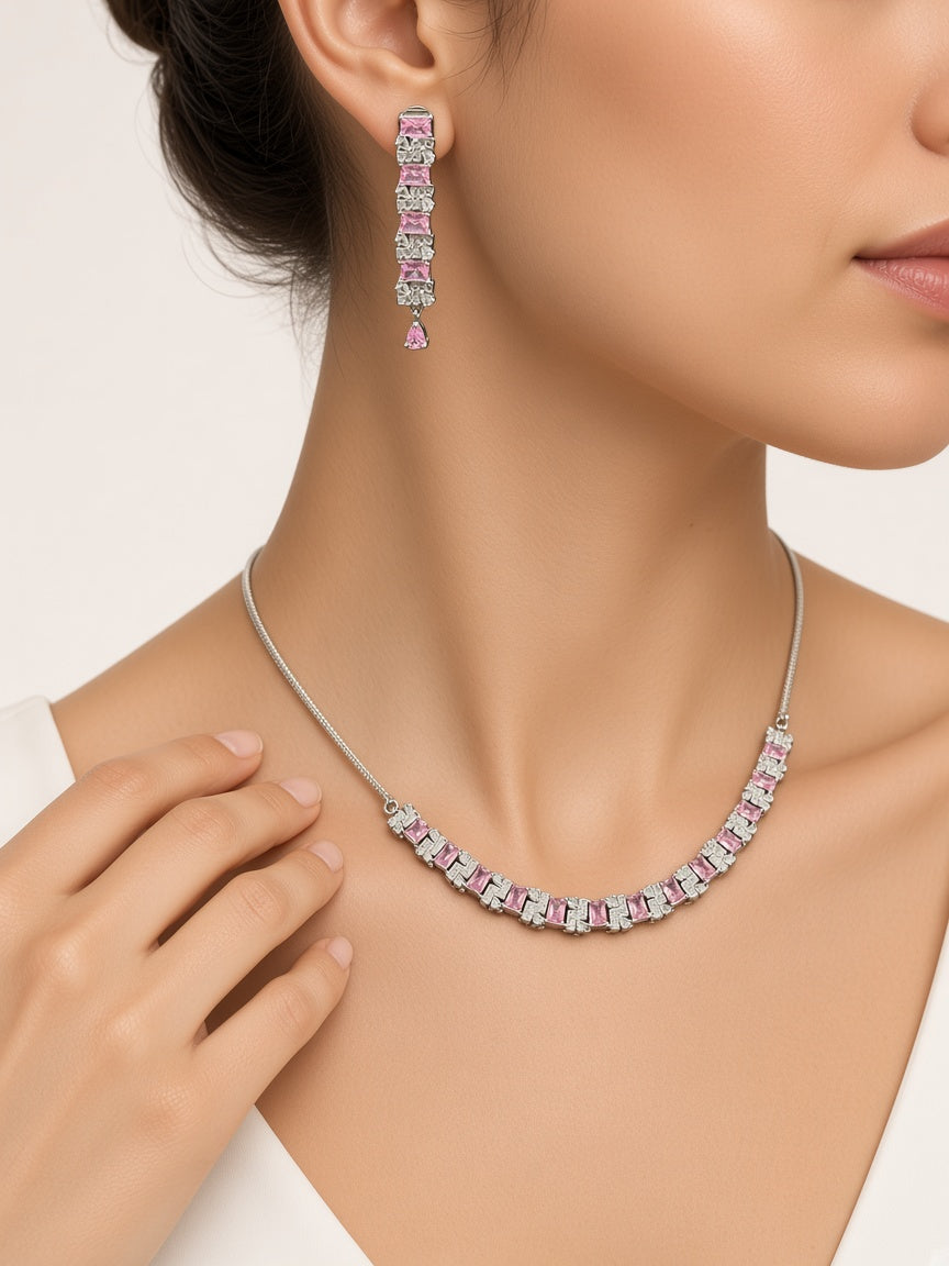 Pari Pink CZ Necklace Set - worn close-up (faceless model)