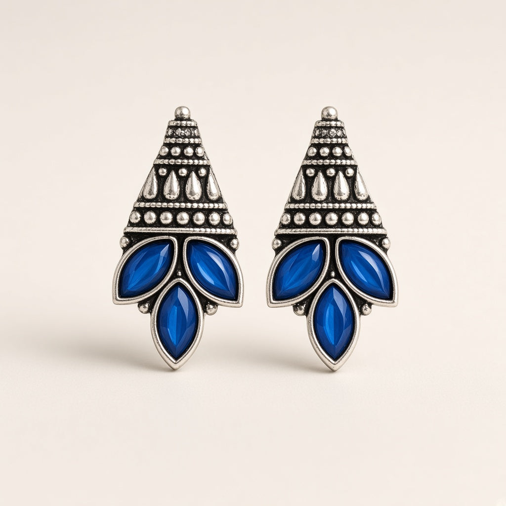 Parna oxidised crown drop earrings with blue marquise stones, studio shot