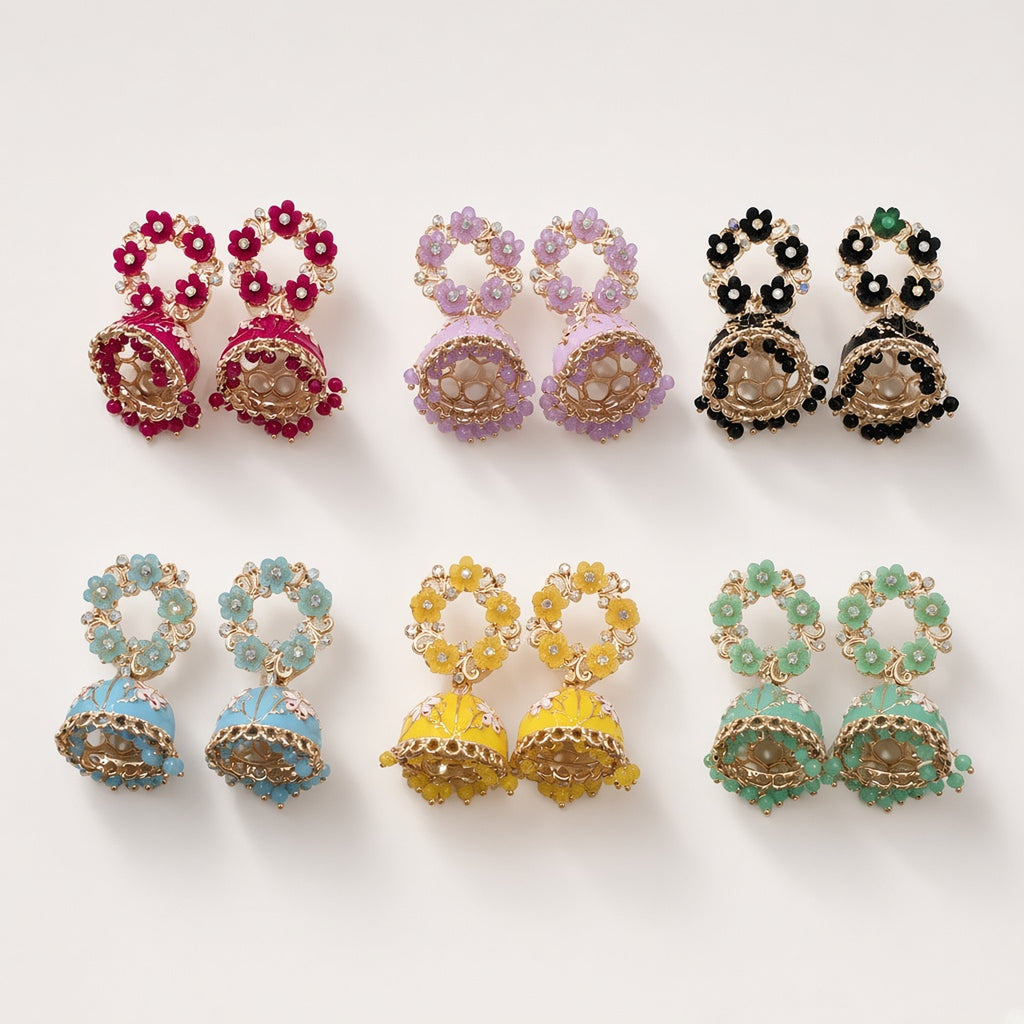 Phool Flower Wreath Jhumkas meenakari jhumka earrings by The P.S Collection - studio view