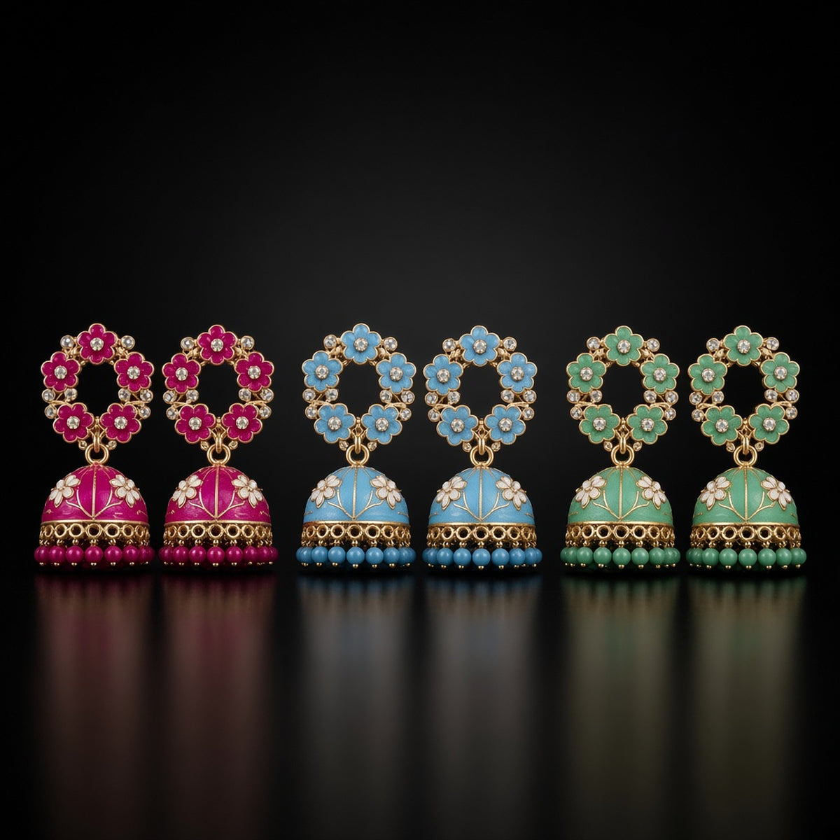 Phool Flower Wreath Jhumkas meenakari jhumka earrings by The P.S Collection - detail on black
