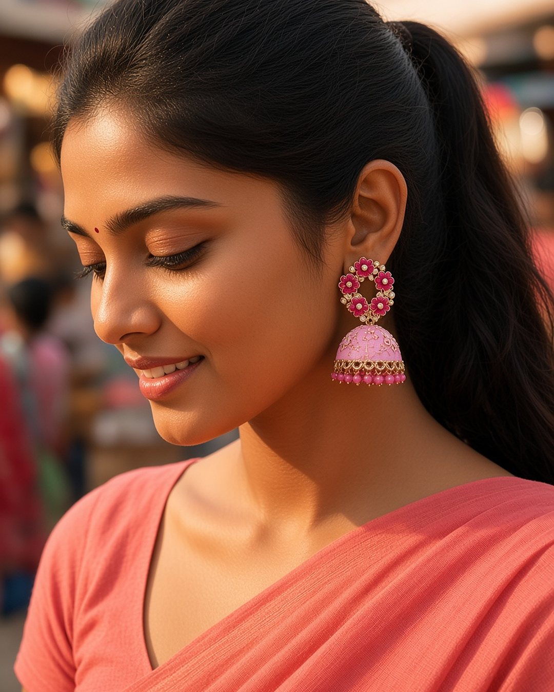 Phool pink flower wreath meenakari jhumka earrings worn with a coral saree