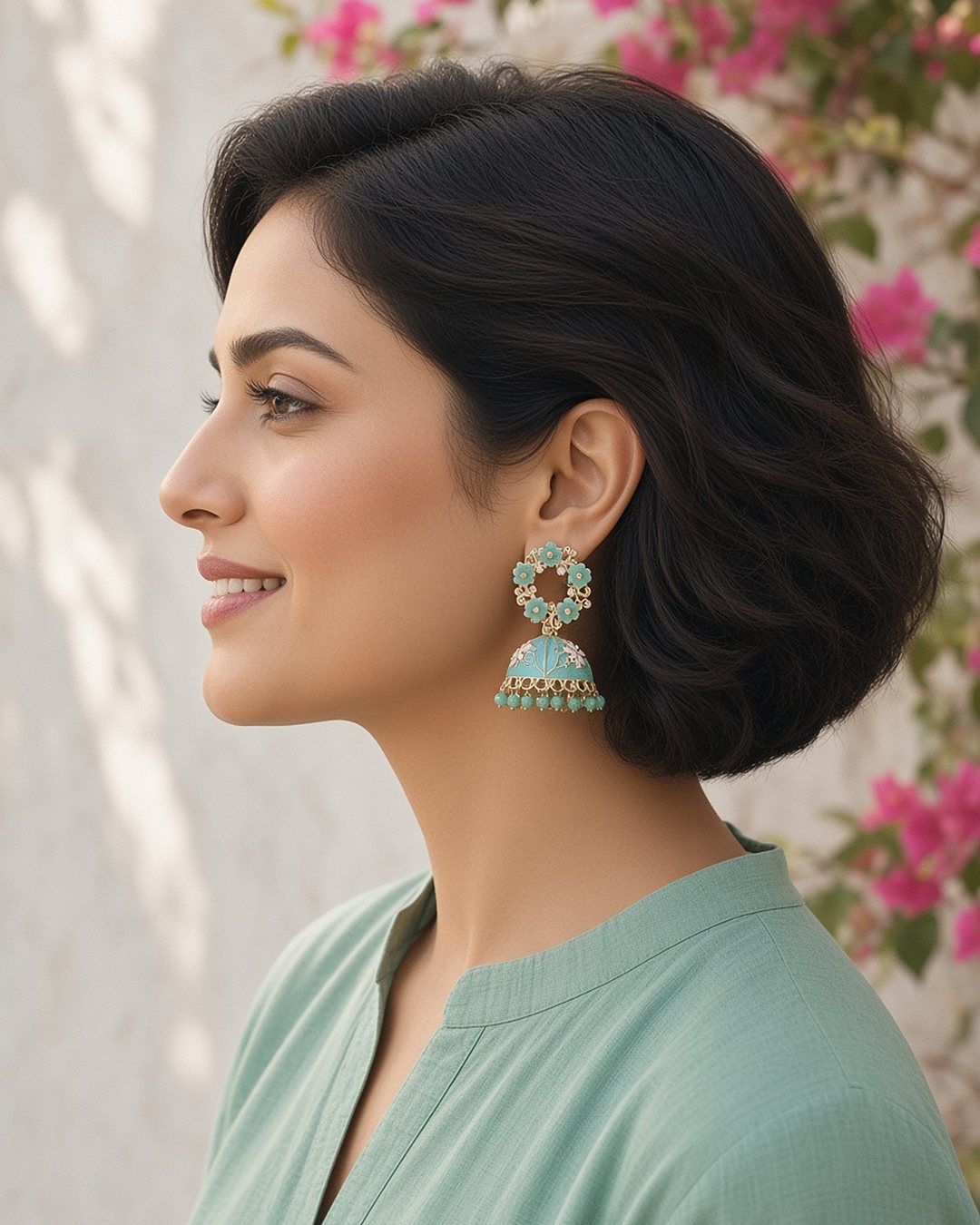 Phool mint flower wreath meenakari jhumka earrings worn with a mint kurta