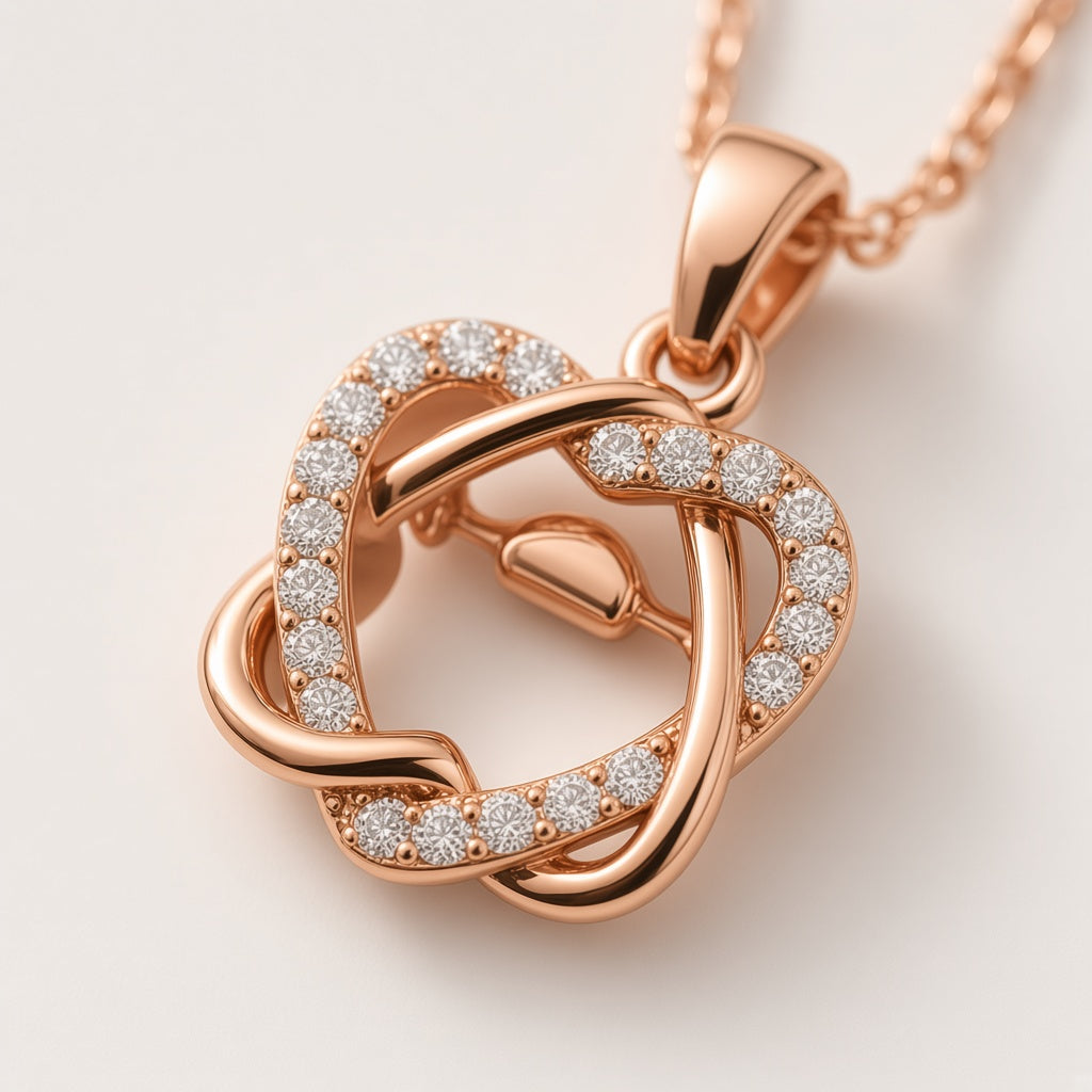 Prem pendant close-up of the polished and pavé interlocking hearts