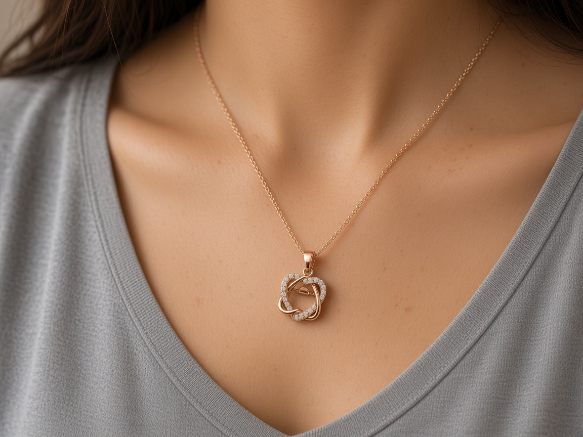 Prem interlocking hearts pendant worn at the collarbone