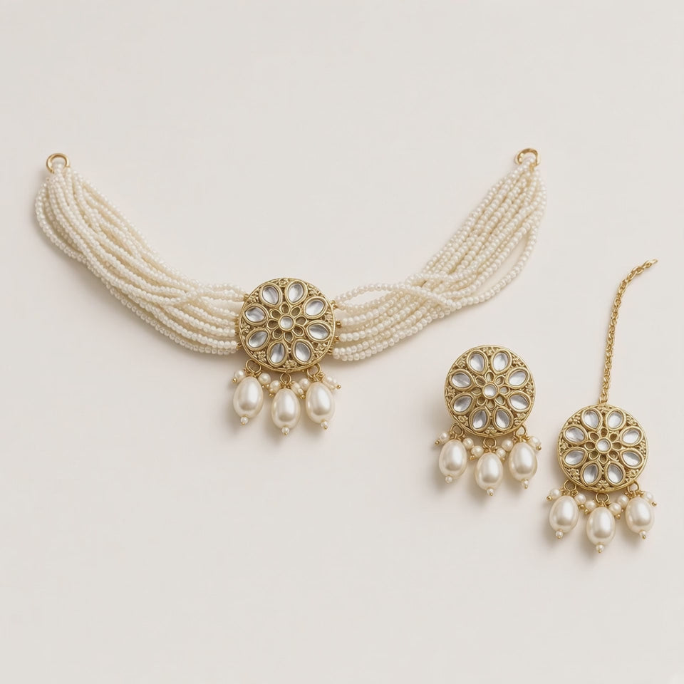 Moti pearl kundan choker set, 360-degree spin video