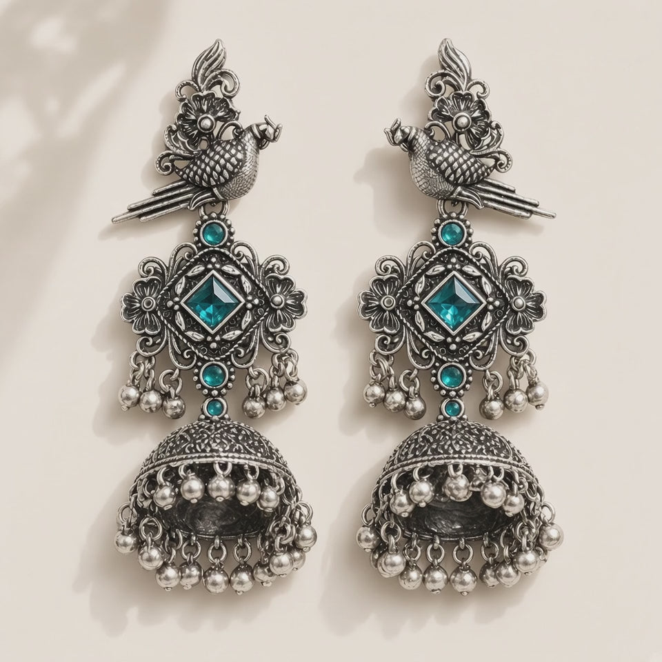 Tota Samundari Teal Blue Oxidised Parrot Jhumkas - 10s video