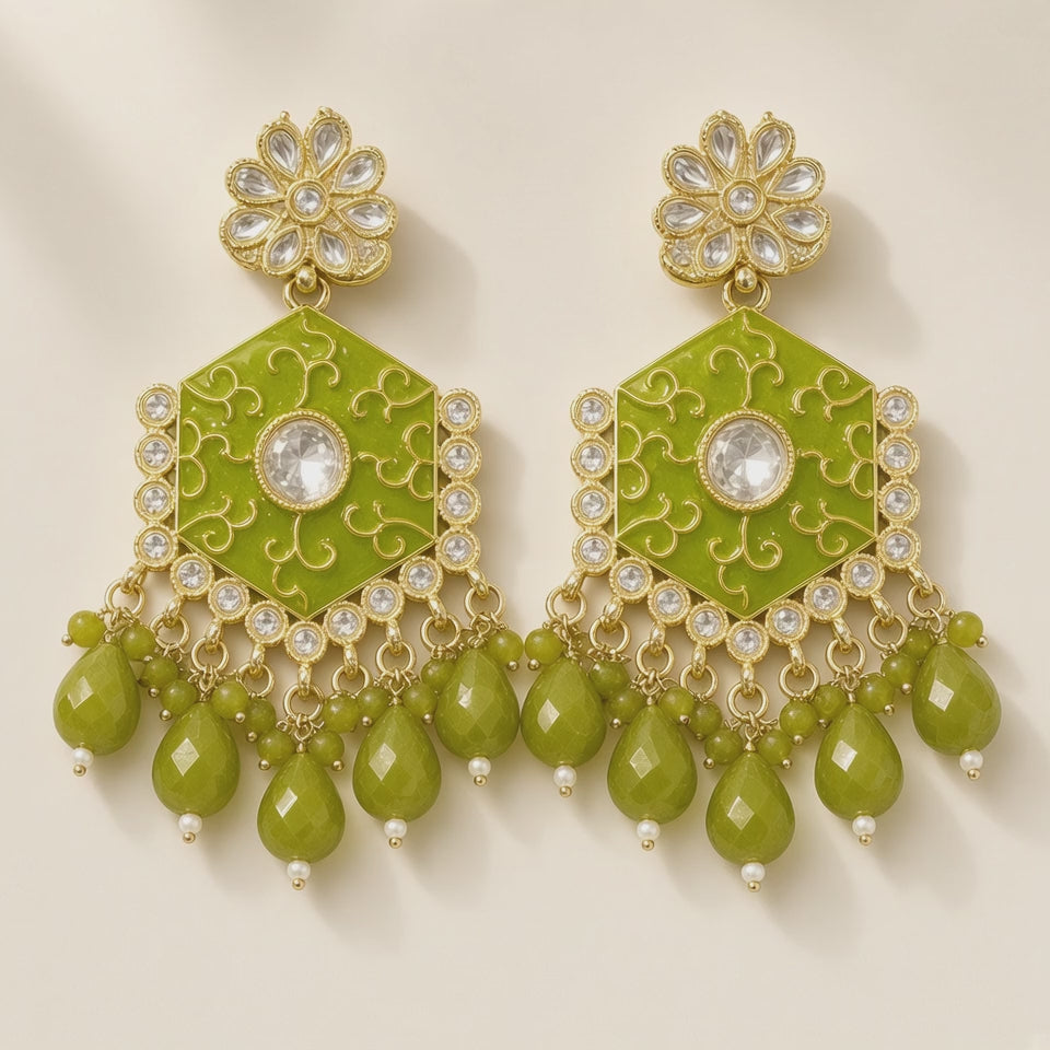 Mehendi Olive Green Meenakari Drop Earrings - 10s video