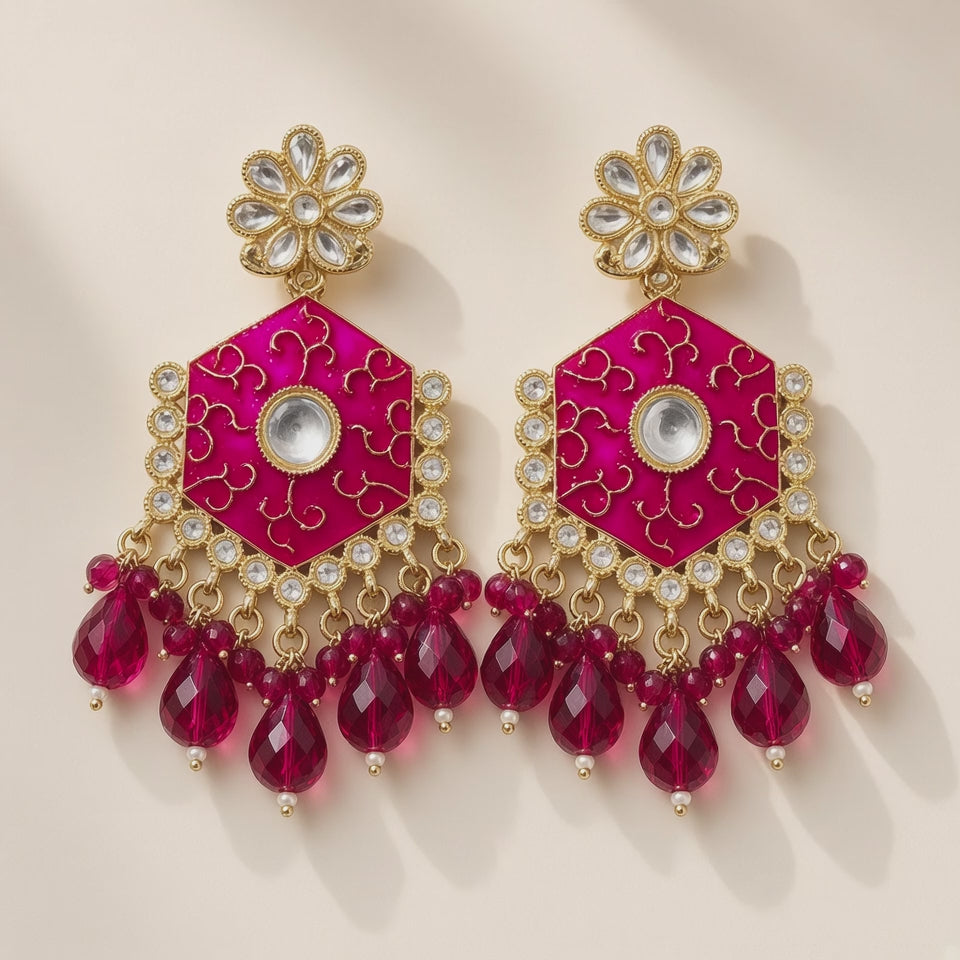 Gulnaar Magenta Pink Meenakari Drop Earrings - 10s video
