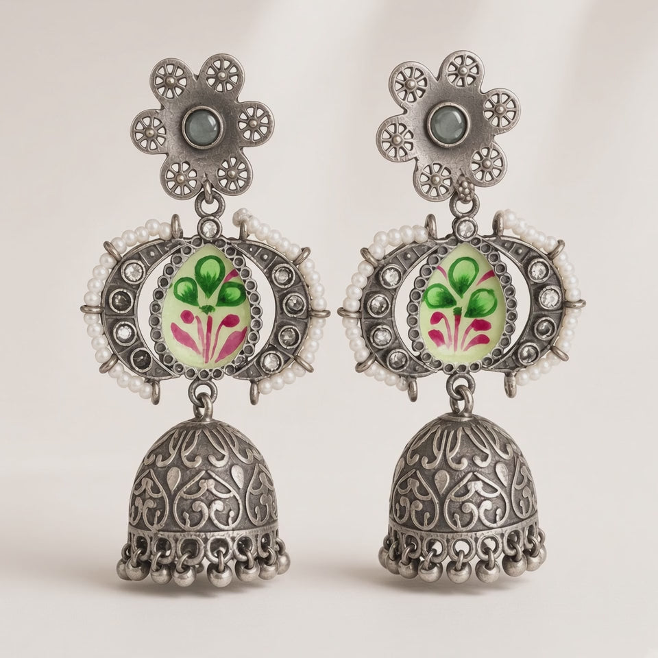 Hariyali Oxidised Jhumkas by The P.S Collection - 360 degree spin video