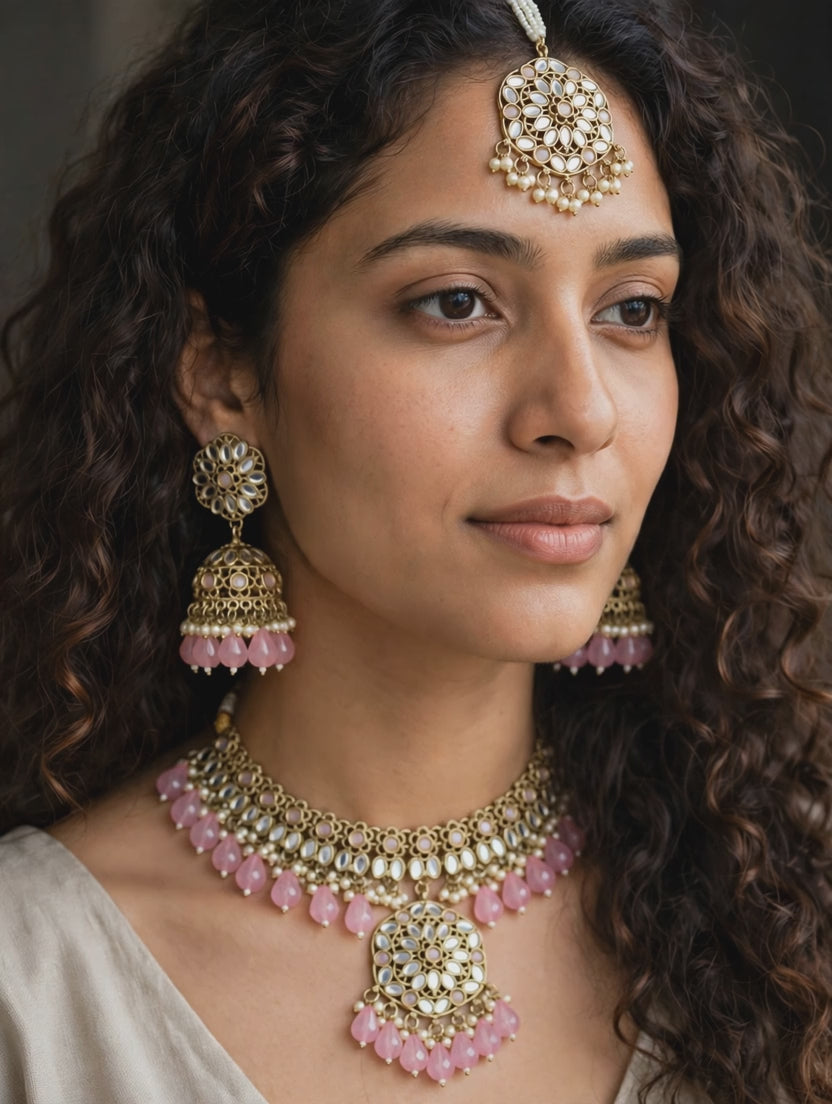 Ishq Pink Kundan Jhumka Necklace Set - 10s video