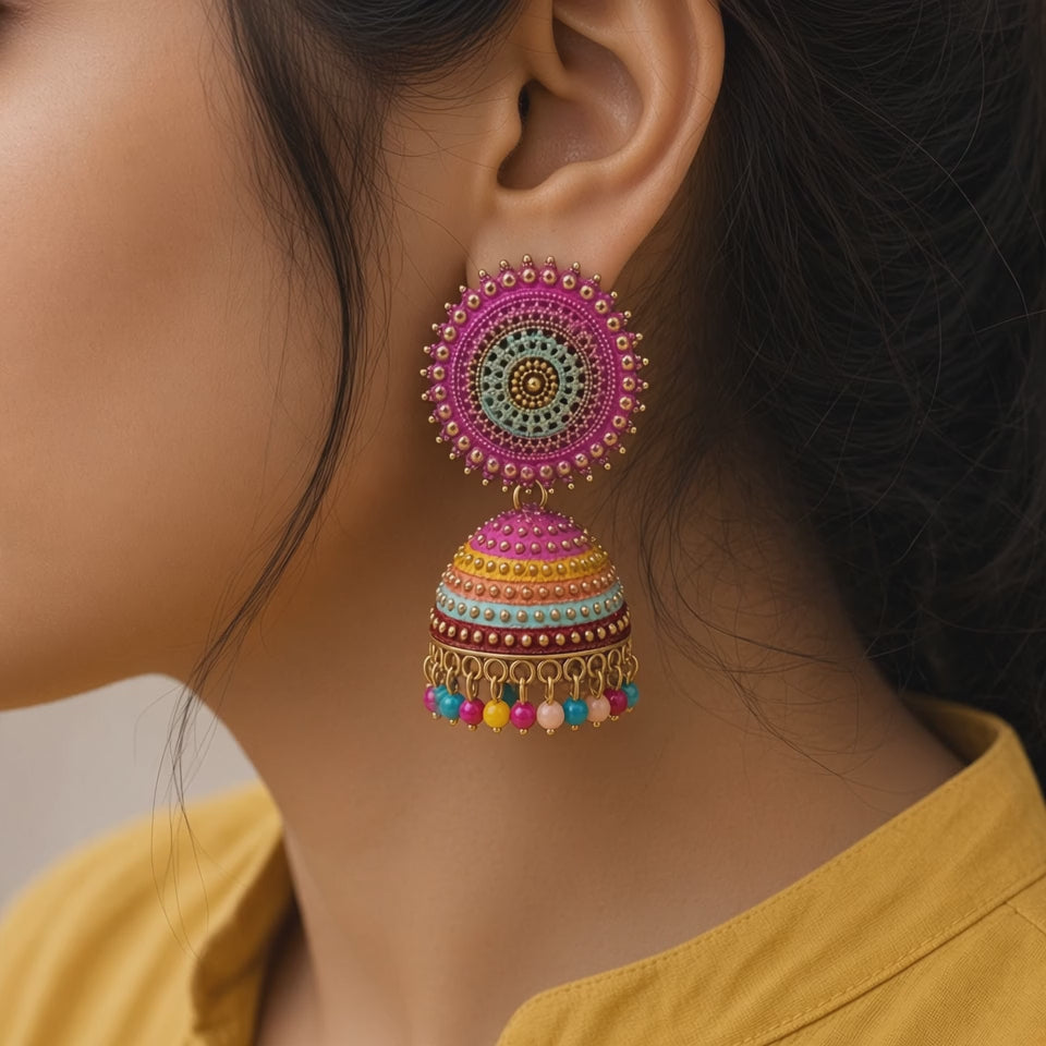 Gulabi Sunburst Jhumkas worn video - smooth, music only
