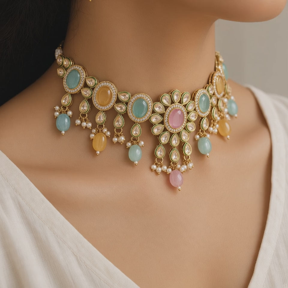 Komal Pastel Kundan Choker Set worn video - smooth, music only