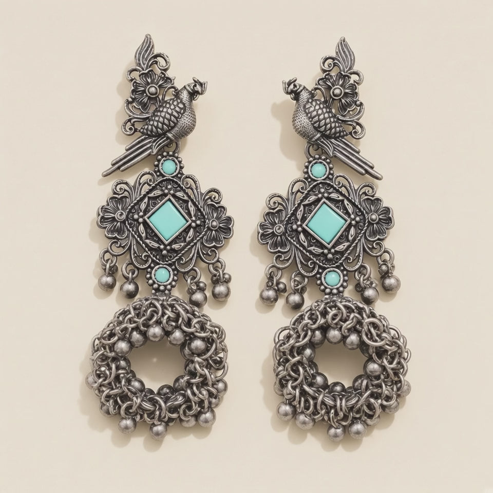 Tota Oxidised Parrot Jhumkas in Turquoise - 10s video