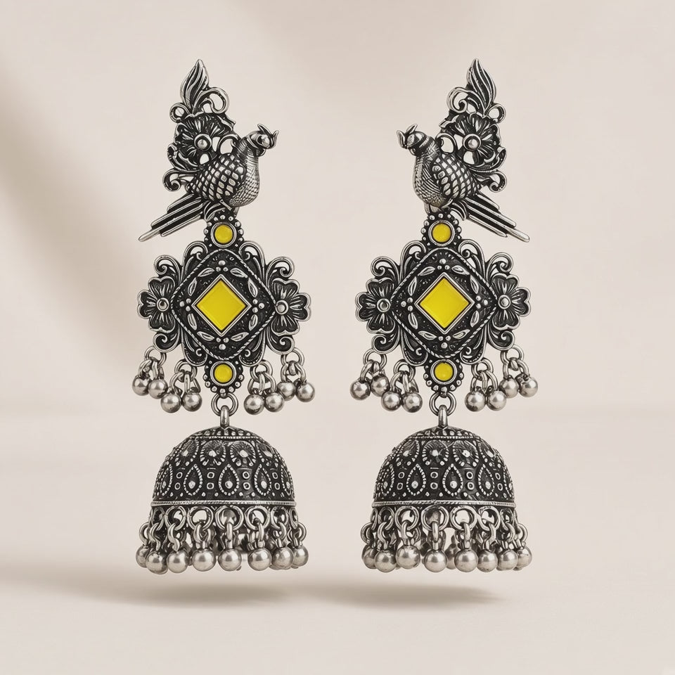 Tota Peela Yellow Oxidised Parrot Jhumkas - 10s video