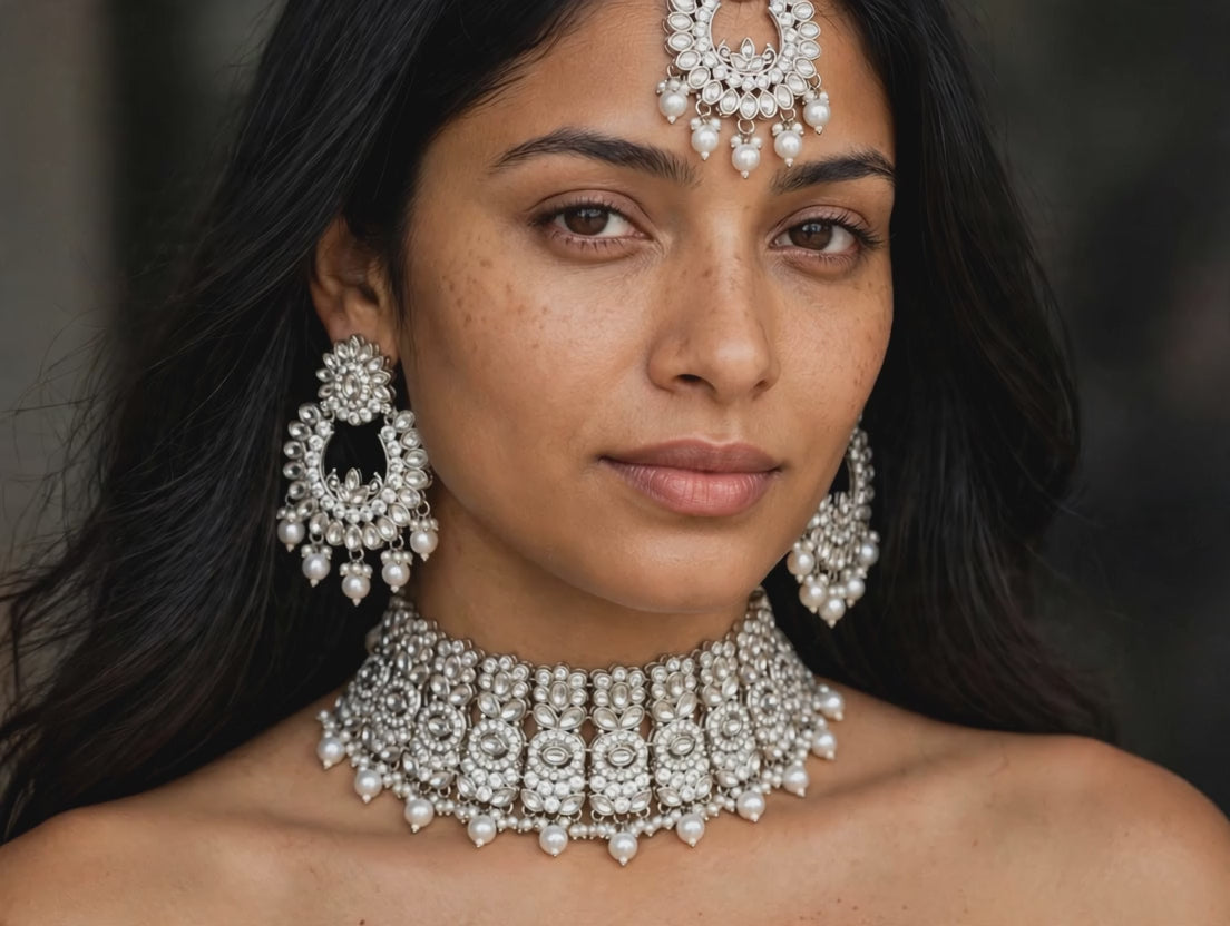 Chandni Silver Pearl Chandbali Bridal Set - 10s video