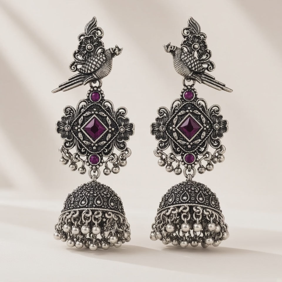 Tota Jamuni Purple Oxidised Parrot Jhumkas - 10s video