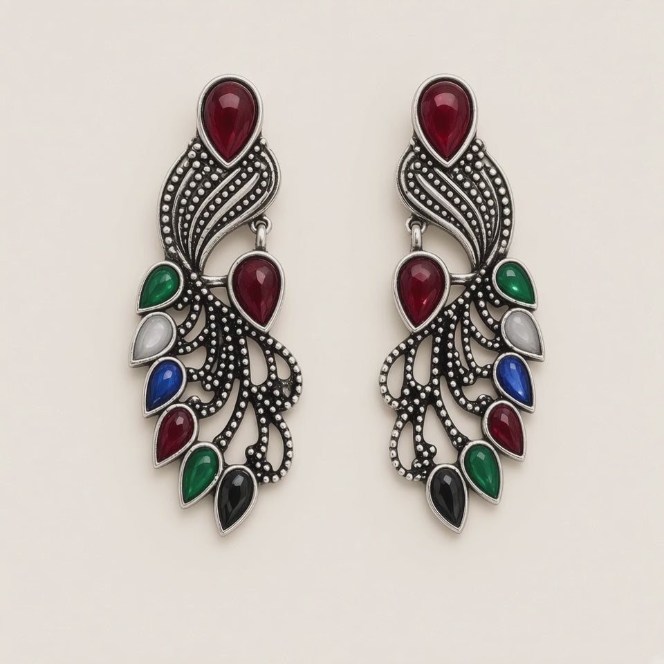 Mor oxidised peacock earrings, 360-degree spin video