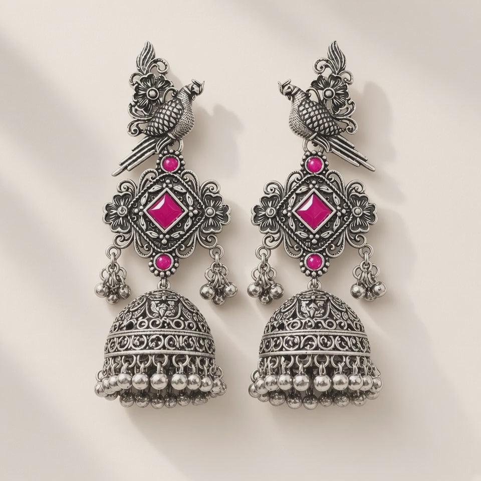 Tota Gulnaar Pink Oxidised Parrot Jhumkas - 10s video