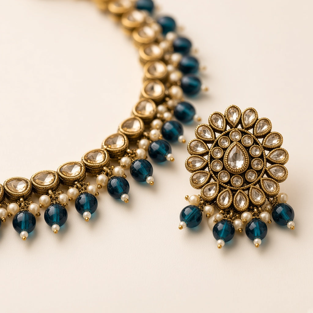 Rajwadi Teal Blue necklace and earring close-up of polki-style stones and bead drops