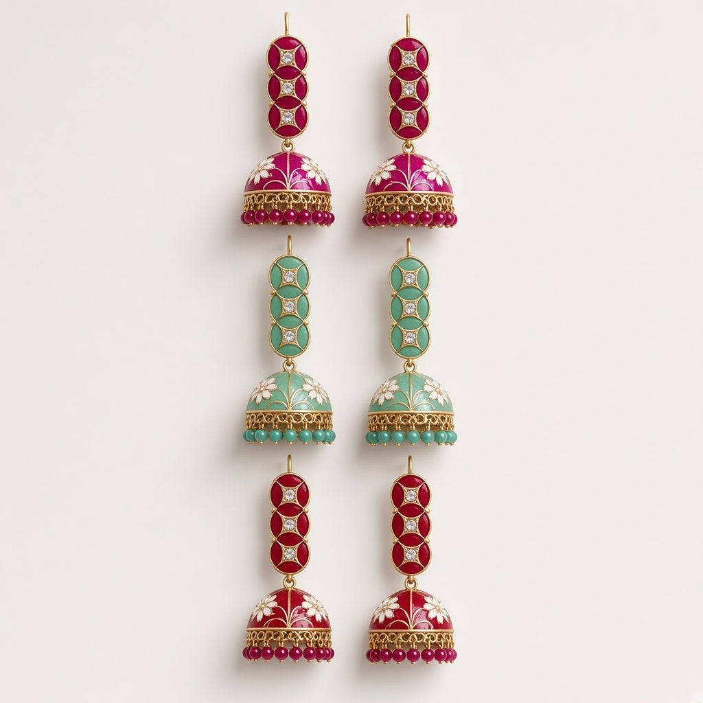 Rangoli Meenakari Drop Jhumkas meenakari drop jhumkas by The P.S Collection - studio view