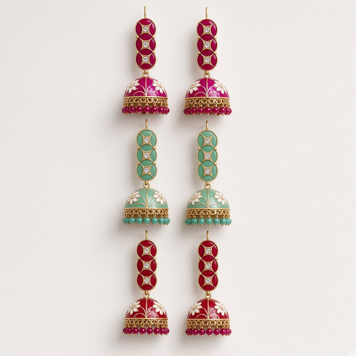 Rangoli Meenakari Drop Jhumkas meenakari drop jhumkas by The P.S Collection - studio view