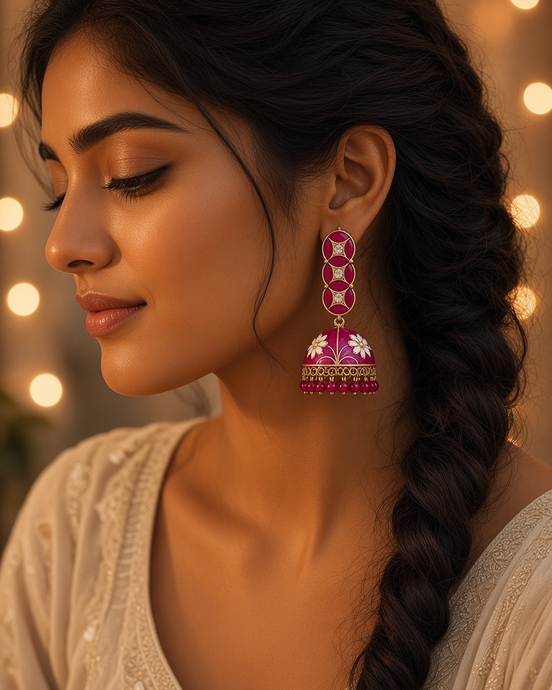 Rangoli magenta meenakari drop jhumkas worn with a braid