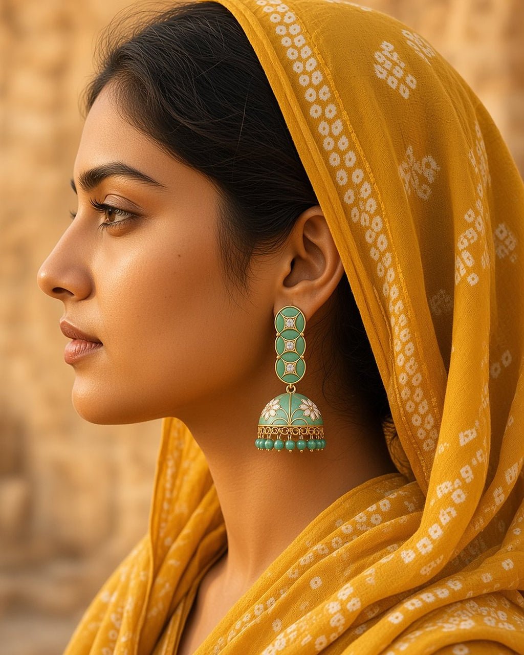 Rangoli mint meenakari drop jhumkas with a mustard bandhani outfit
