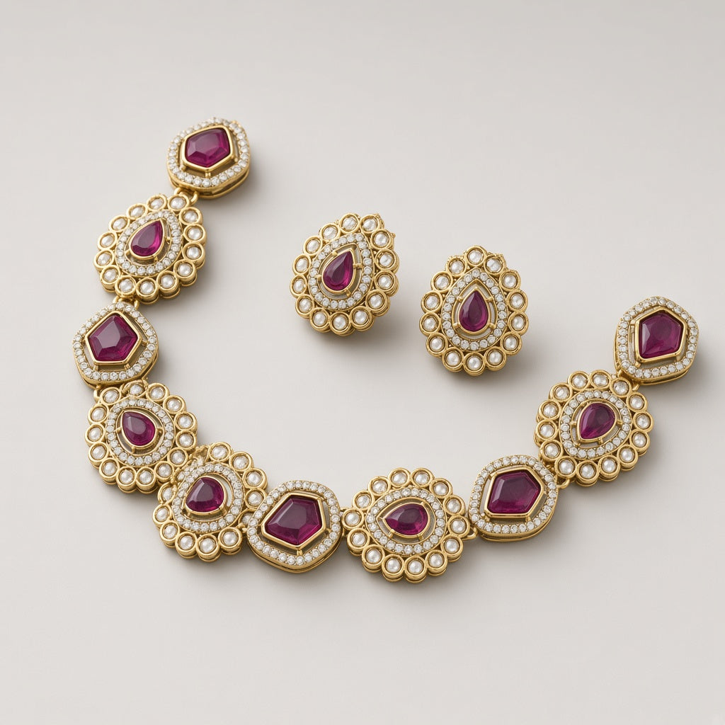 Rani Magenta Crystal Necklace Set - second angle