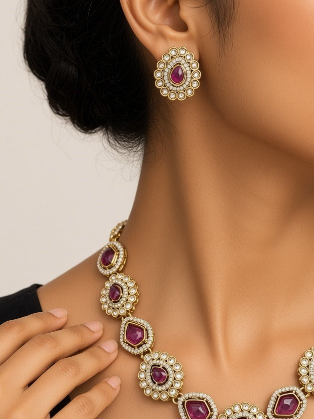 Rani Magenta Crystal Necklace Set - worn close-up (faceless model)