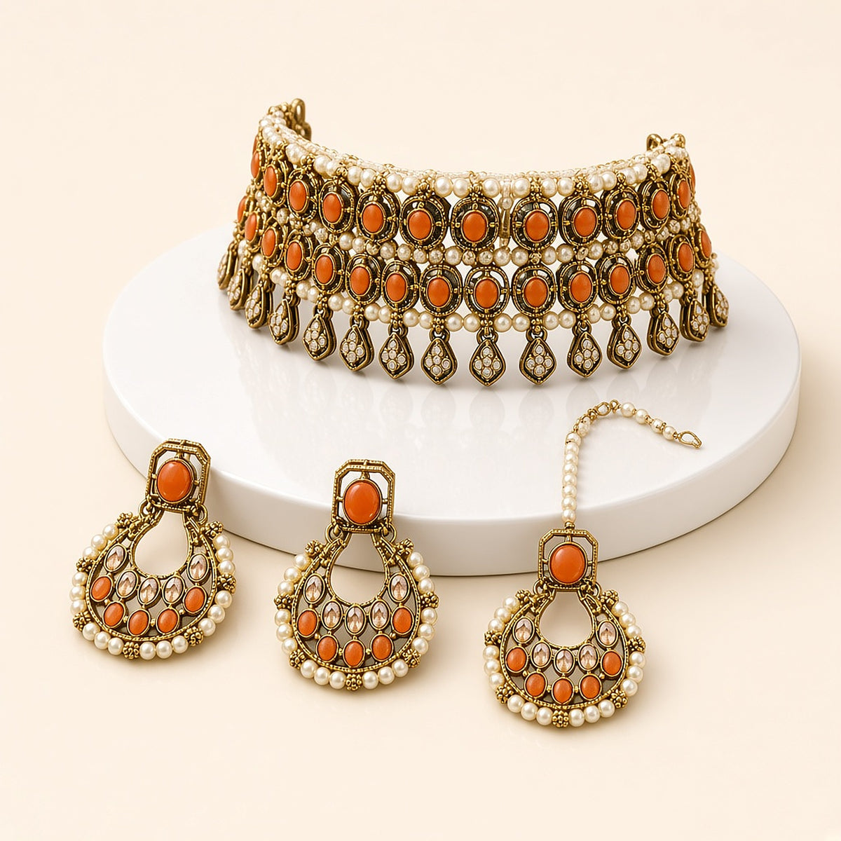 Sandhya Orange Pearl Chandbali Choker Set – 3D view