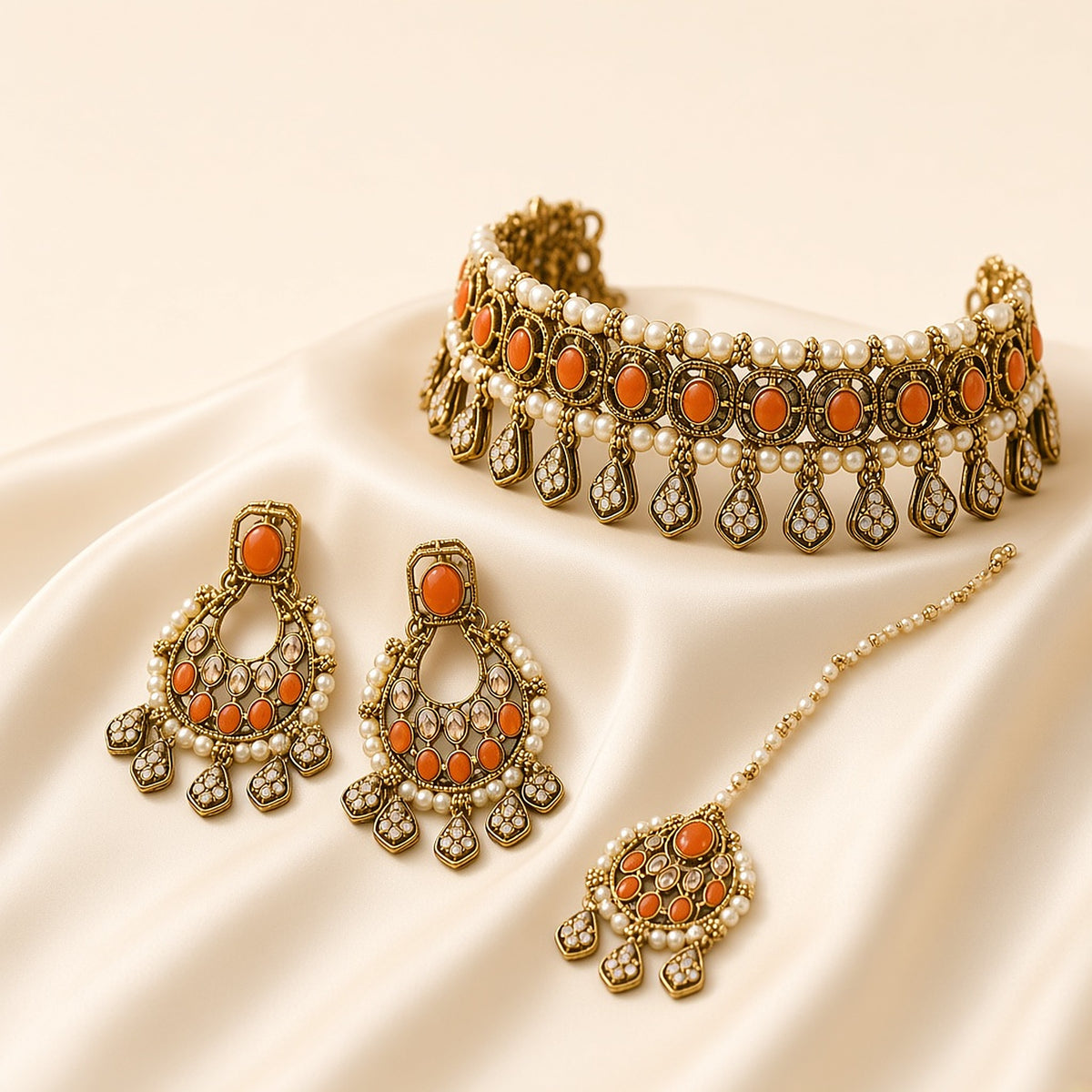 Sandhya Orange Pearl Chandbali Choker Set – second angle