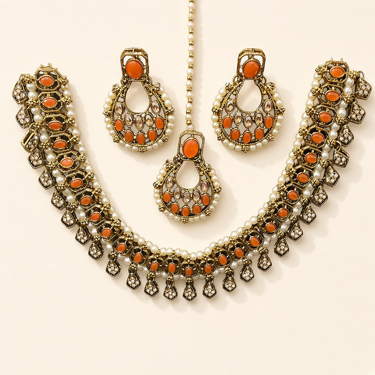 Sandhya Orange Pearl Chandbali Choker Set – studio view
