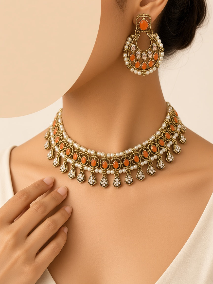 Sandhya Orange Pearl Chandbali Choker Set - worn close-up (faceless model)
