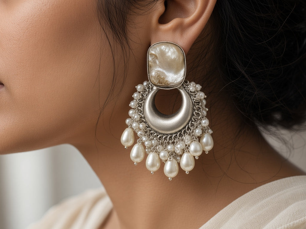 Seep pearl chandbali earring worn on the ear